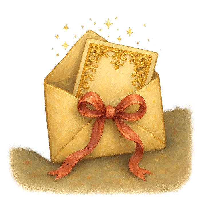 Illustrated gold envelope tied with a red ribbon and ornate glowing card inside, for wid Designs gift cards.