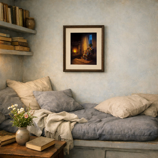 Hearth Corner art print framed and hanging above a cozy cottage reading nook with soft blue walls, books, flowers, and layered cushions