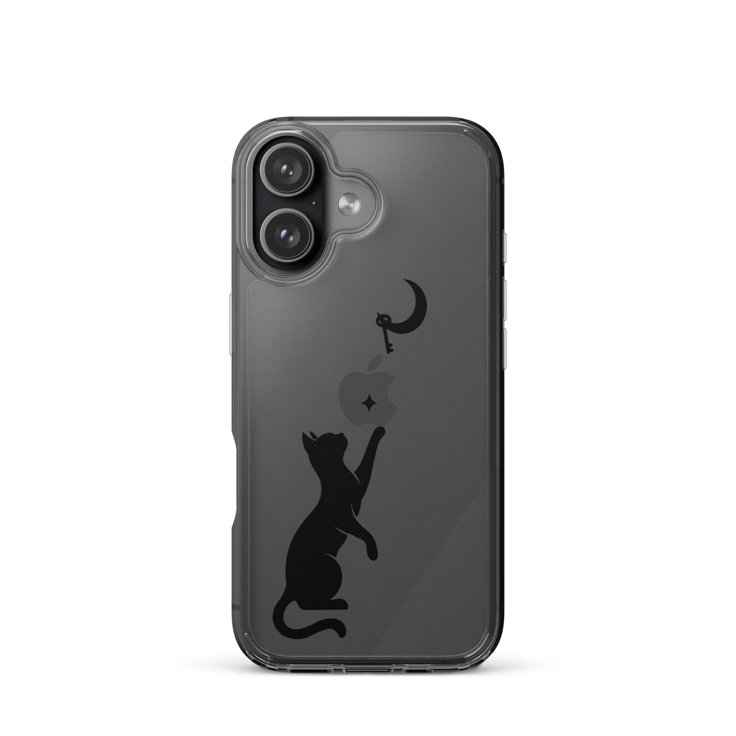 Clear iPhone case featuring a minimalist black cat reaching toward a crescent moon with a small star, shown on a clear iPhone 17 case.