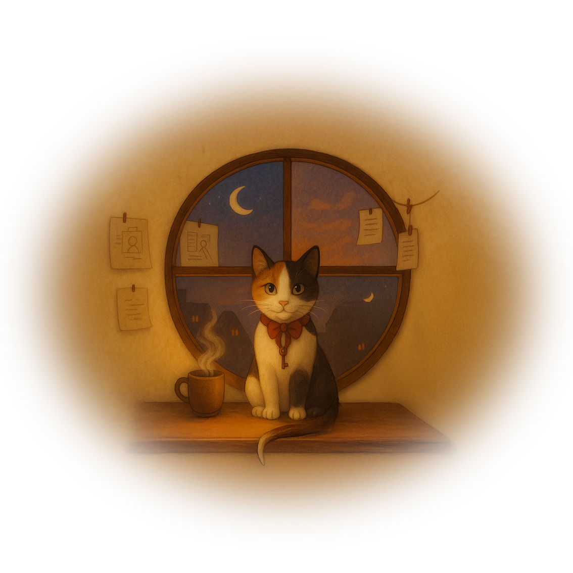 Blurred cozy illustration for wid Designs About page, featuring Ramona the cat sitting at a round window with a steaming cup.