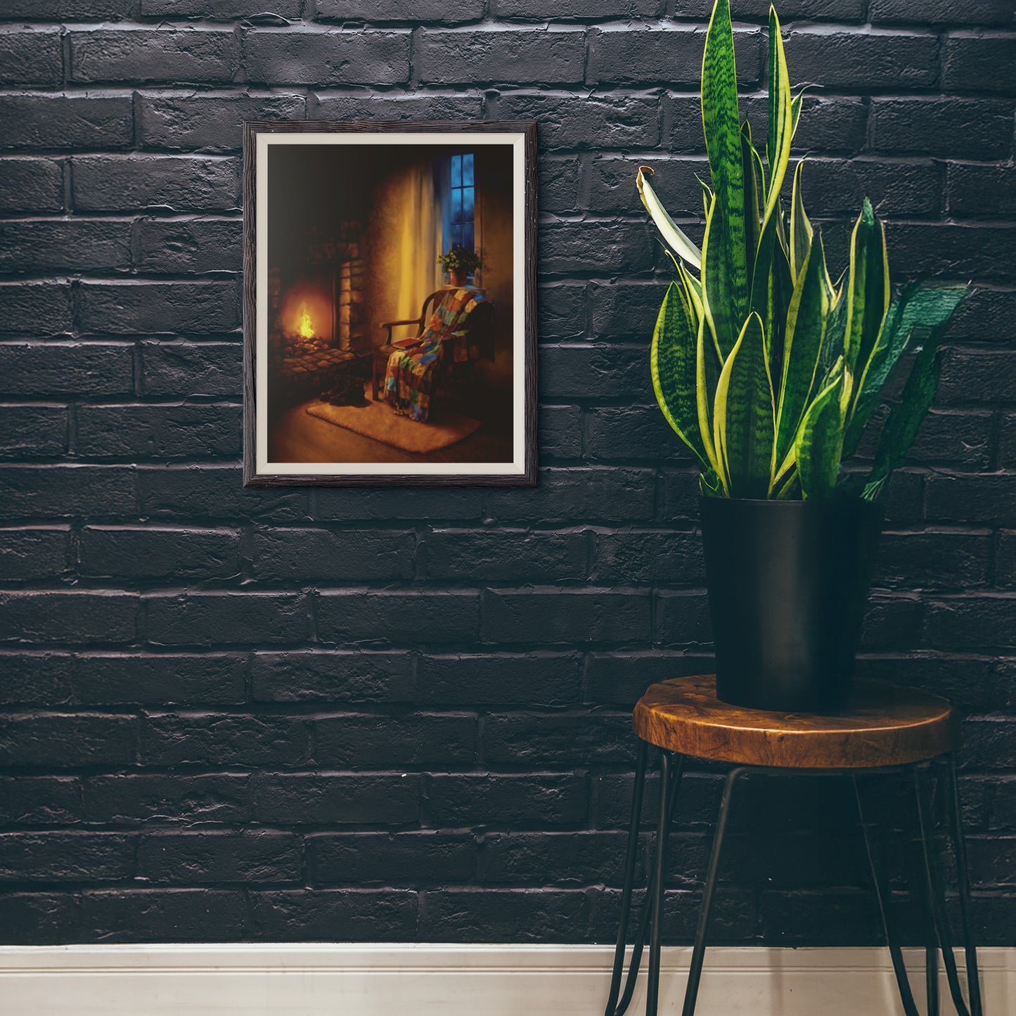 Hearth Corner art print framed against a dark brick wall with a tall green plant nearby