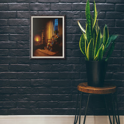 Hearth Corner art print framed against a dark brick wall with a tall green plant nearby