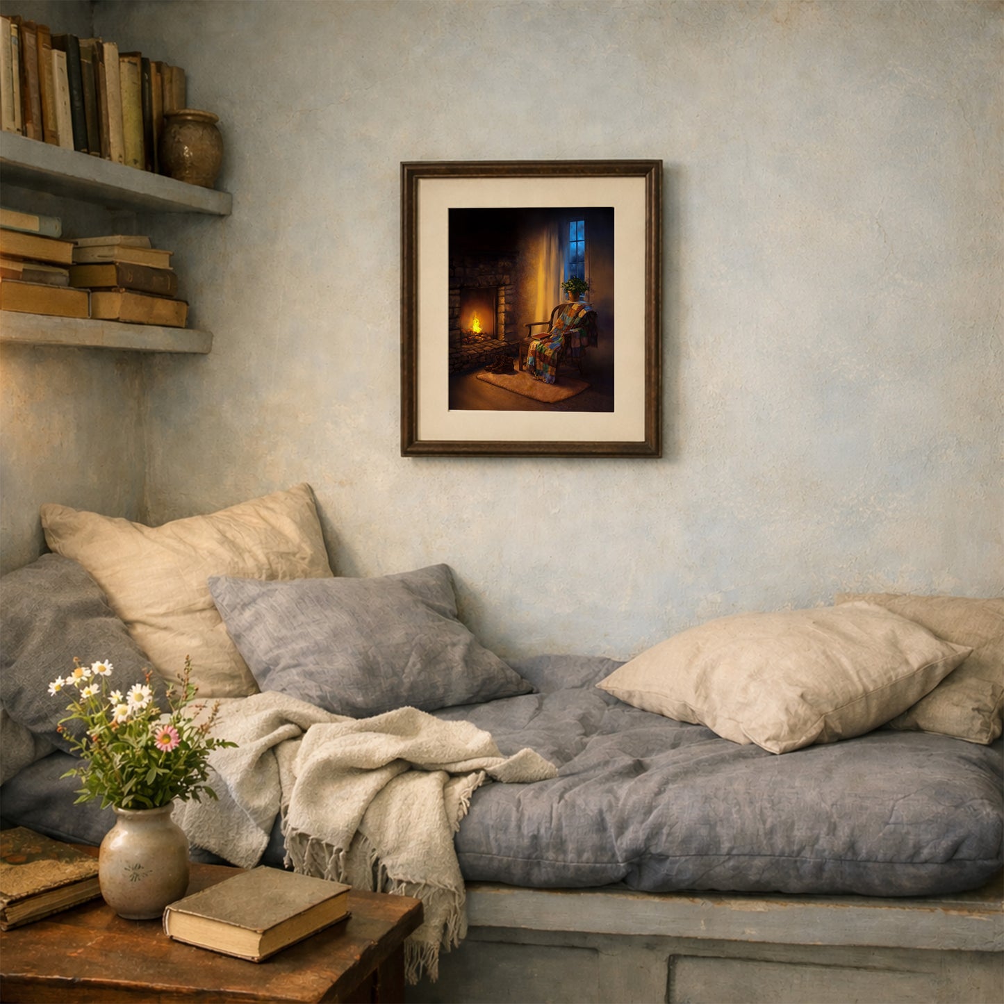 Hearth Corner art print framed and hanging above a cozy cottage reading nook with soft blue walls, books, flowers, and layered cushions