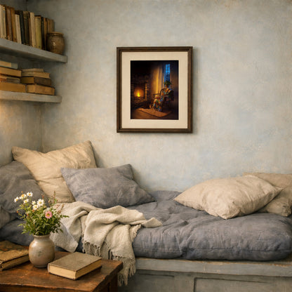 Hearth Corner art print framed and hanging above a cozy cottage reading nook with soft blue walls, books, flowers, and layered cushions
