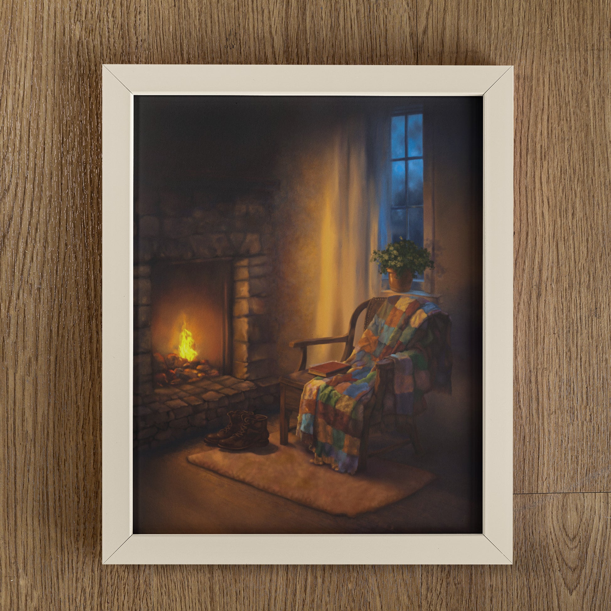 Framed Hearth Corner art print photographed from above on a warm wooden surface