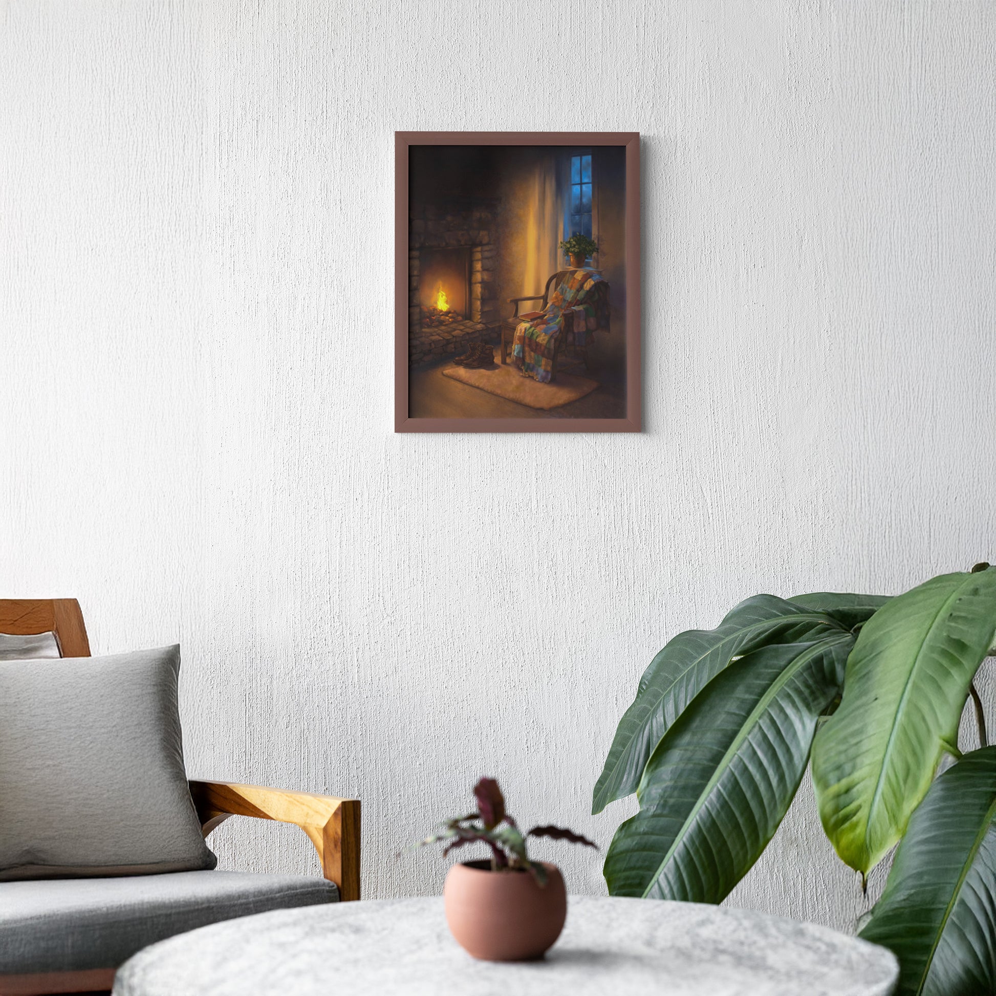 Hearth Corner art print framed on a light textured wall in a calm modern interior with chair and houseplant
