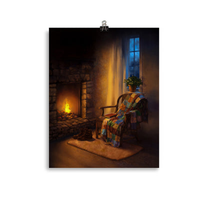 Hearth Corner art print displayed as an unframed 11×14 inch matte poster on a white background