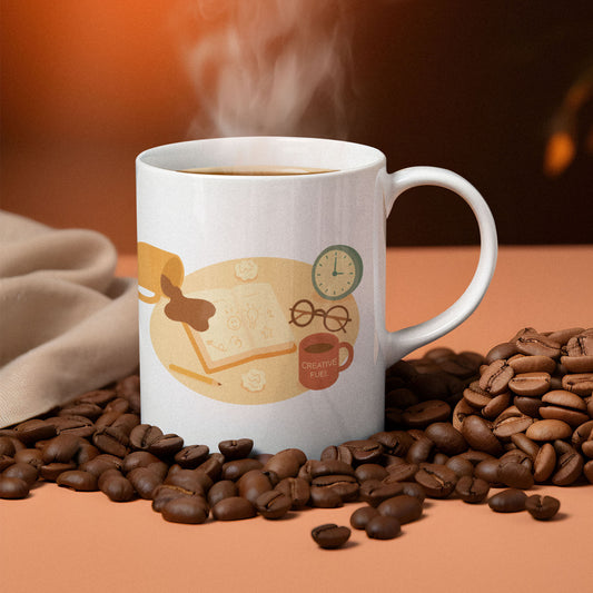 White ceramic mug featuring a playful late-night creativity illustration with coffee, notebooks, and a clock, shown in a styled product mockup with steaming coffee and coffee beans on brown-orange background for wid Designs.