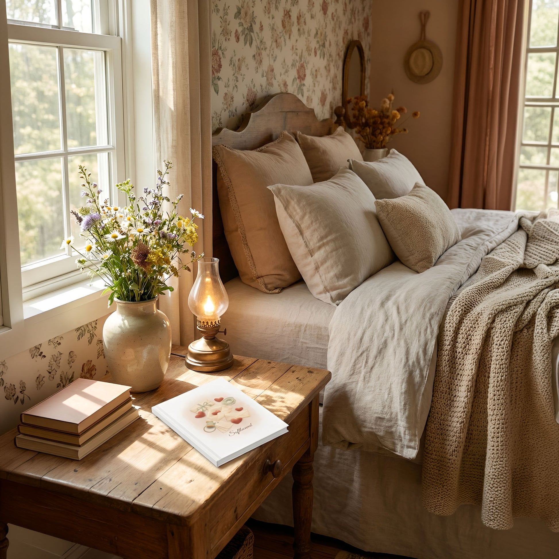 Matte hardcover Softbound journal placed on a wooden bedside table next to books, a lamp, and flowers in a softly lit bedroom.