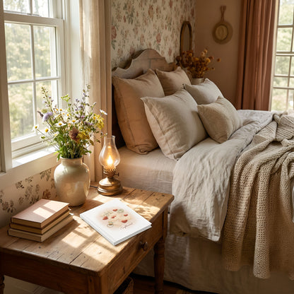 Matte hardcover Softbound journal placed on a wooden bedside table next to books, a lamp, and flowers in a softly lit bedroom.