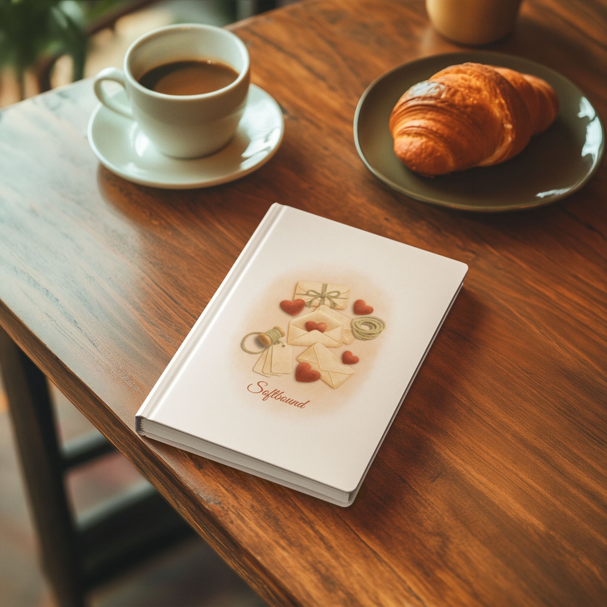 Matte hardcover Softbound journal resting on a wooden coffee shop table next to a cup of coffee and a pastry.
