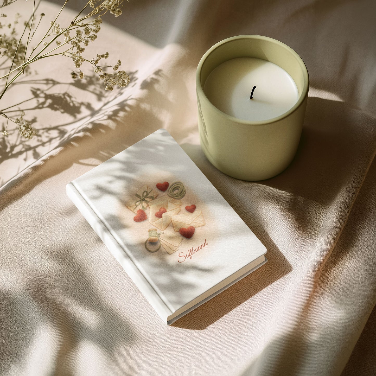 Matte hardcover Softbound journal lying on soft fabric beside a candle, with gentle shadows cast across the surface.