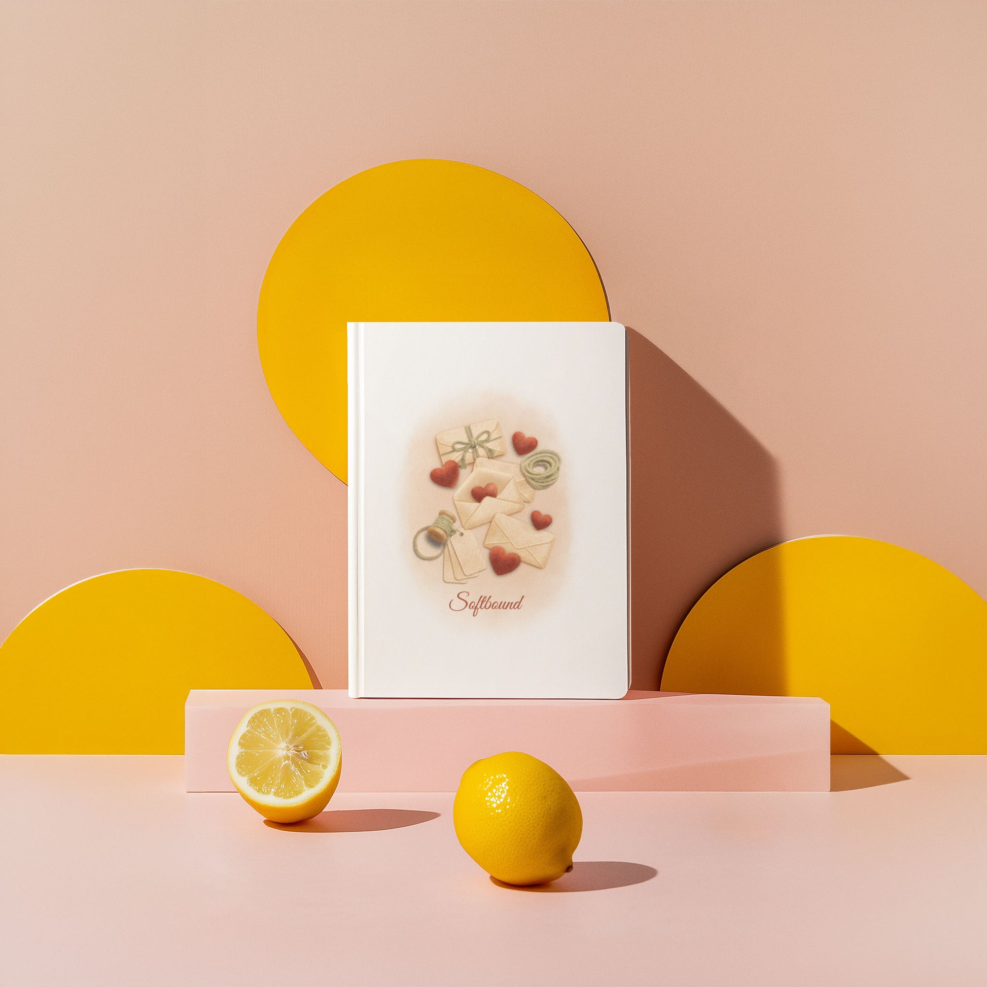 Matte hardcover Softbound journal displayed on a pastel surface with yellow circular shapes and fresh lemons.