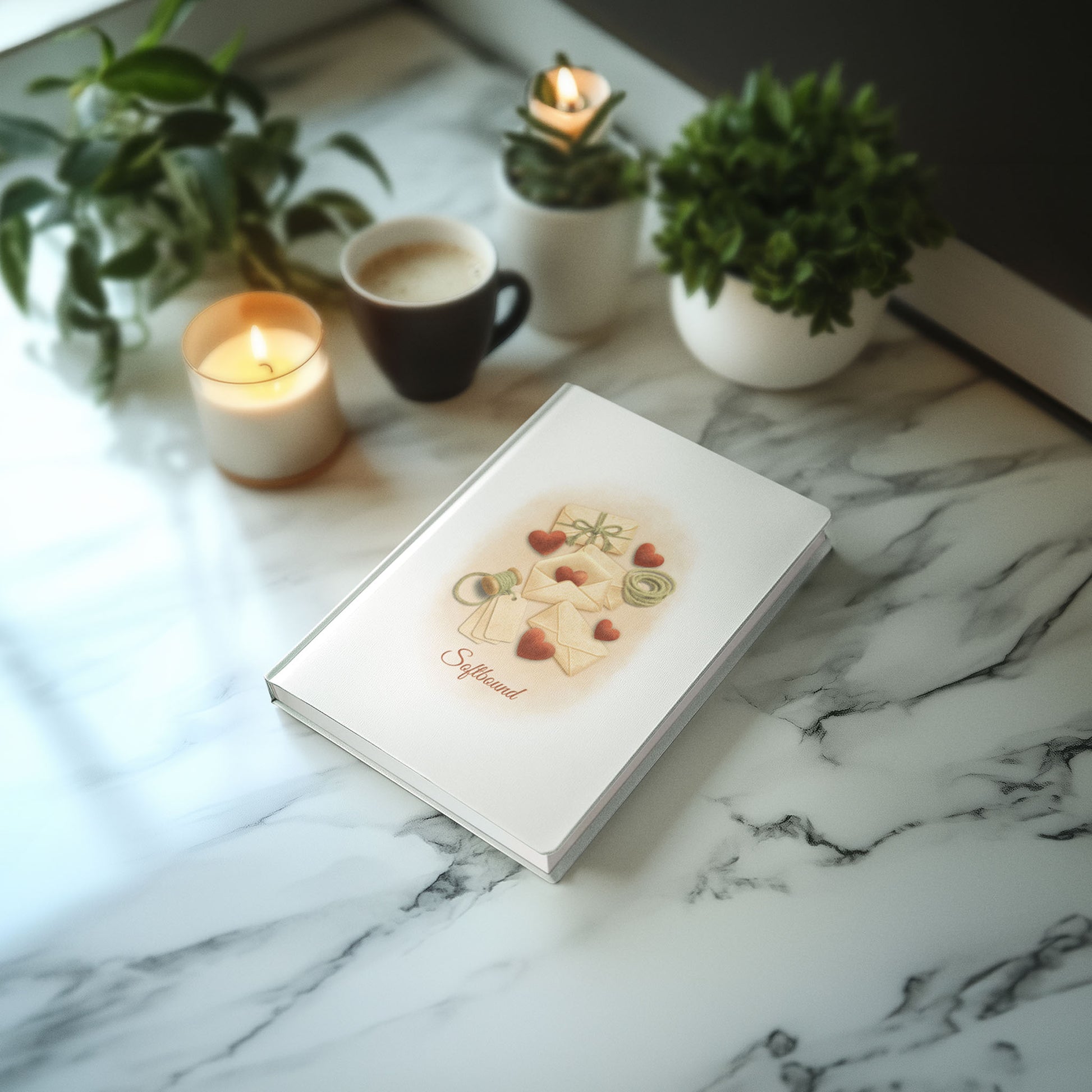 Matte hardcover Softbound journal lying on a marble tabletop beside a candle, a tea cup, and small potted plants in soft natural light.