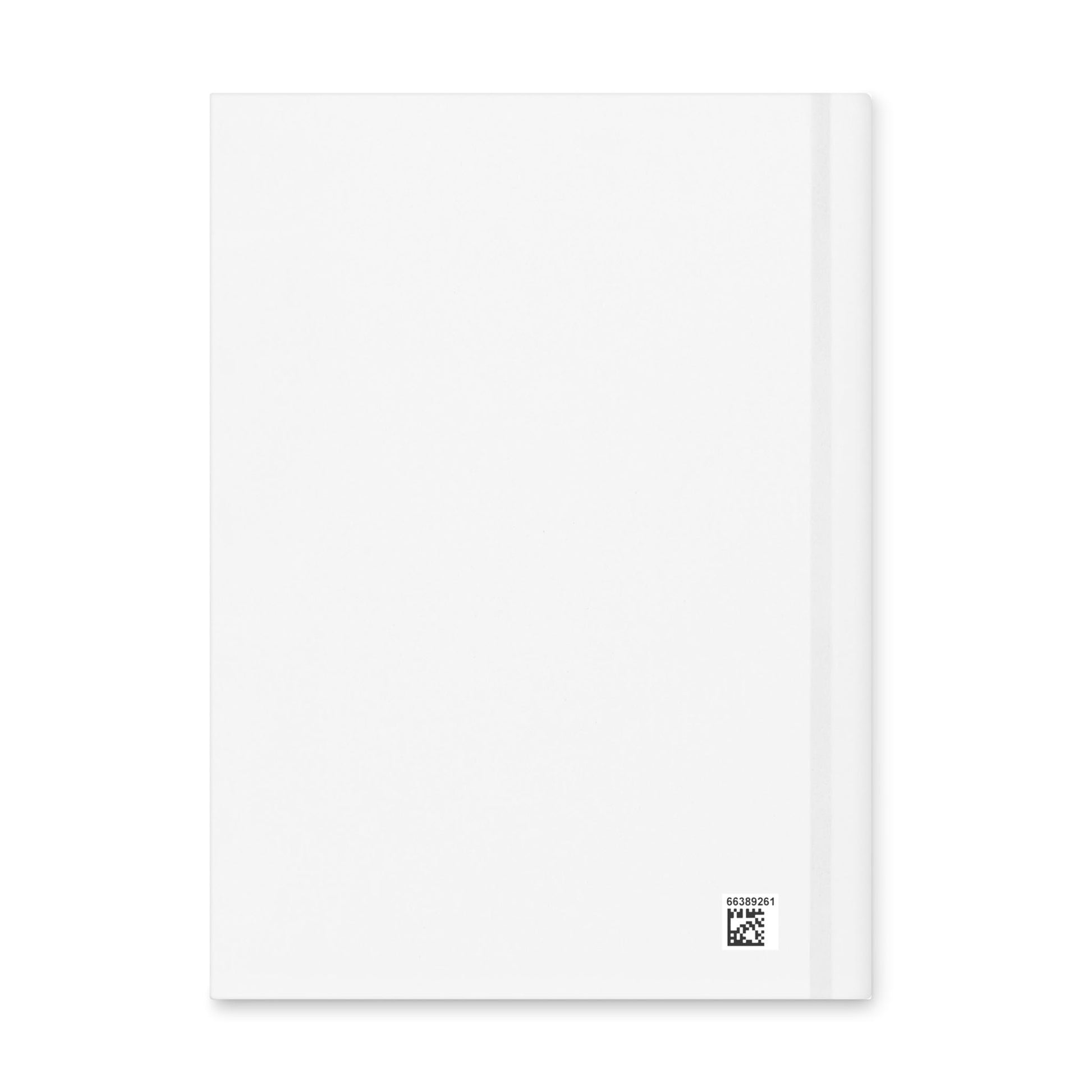 Back cover mockup of a matte hardcover journal in plain white with a small manufacturer QR code printed in the lower corner.
