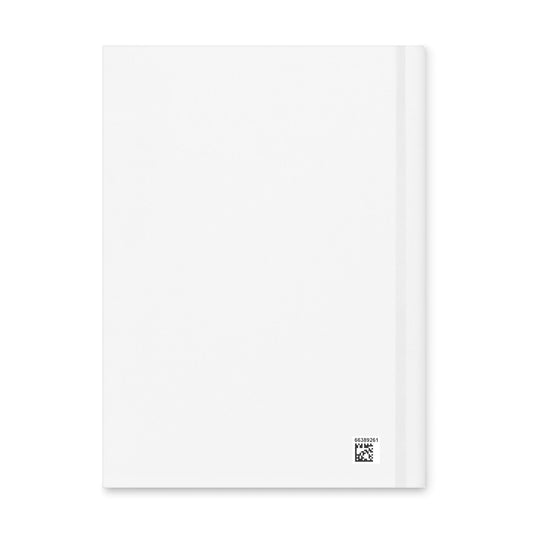 Back cover mockup of a matte hardcover journal in plain white with a small manufacturer QR code printed in the lower corner.