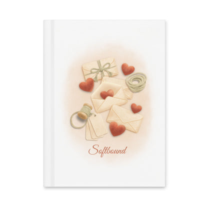 Matte hardcover journal mockup with a white cover featuring illustrated envelopes, felt hearts, twine, and the word “Softbound” centered below the artwork.