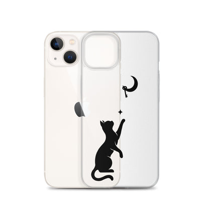 Clear iPhone case featuring a minimalist black cat reaching toward a crescent moon with a small star, shown on a clear iPhone 13 case.