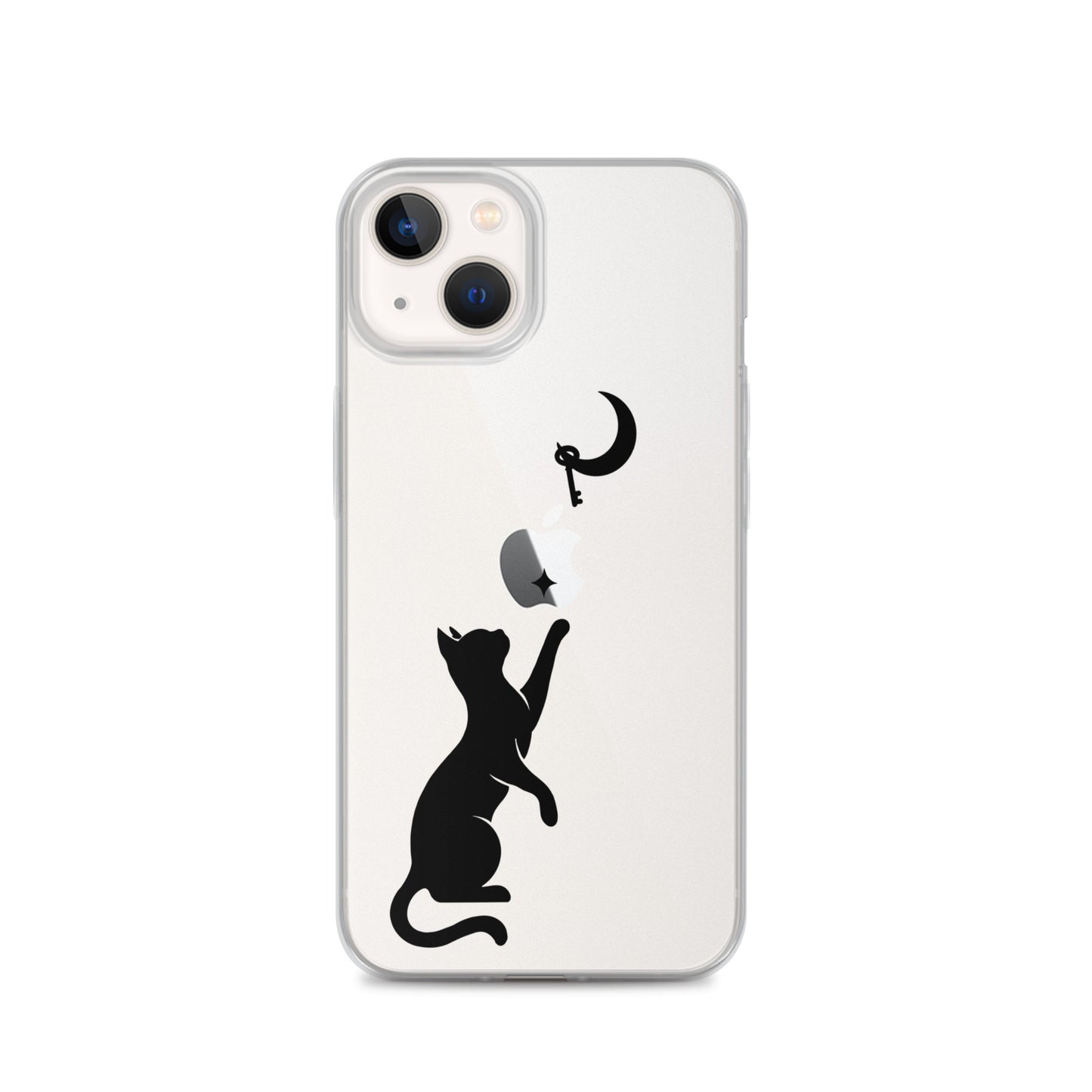 Clear iPhone case featuring a minimalist black cat reaching toward a crescent moon with a small star, shown on a clear iPhone 13 case.