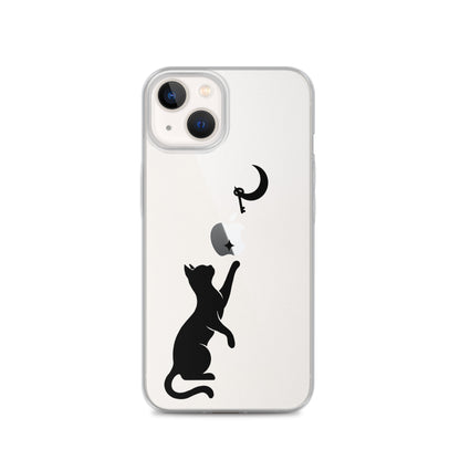 Clear iPhone case featuring a minimalist black cat reaching toward a crescent moon with a small star, shown on a clear iPhone 13 case.