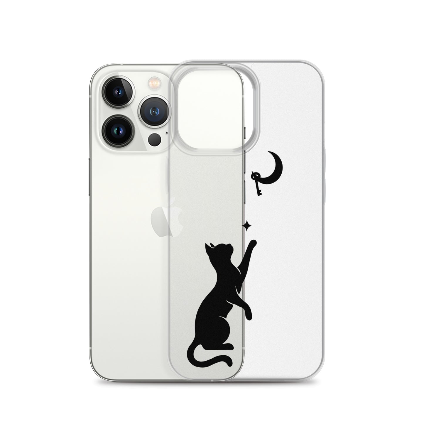 Clear iPhone case featuring a minimalist black cat reaching toward a crescent moon with a small star, shown on a clear iPhone 13 Pro case.