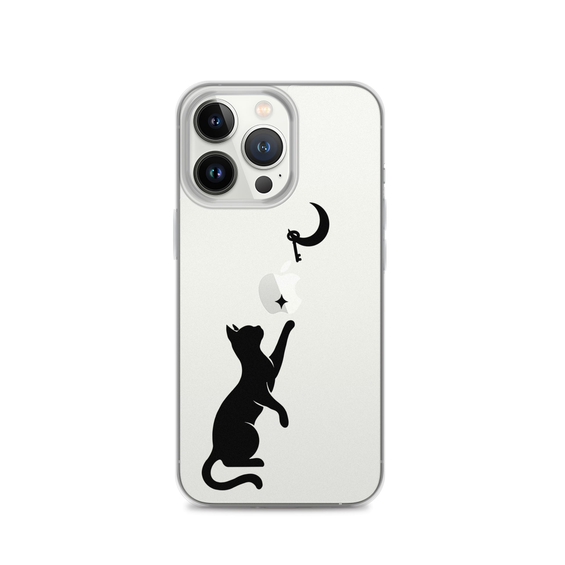 Clear iPhone case featuring a minimalist black cat reaching toward a crescent moon with a small star, shown on a clear iPhone 13 Pro case.