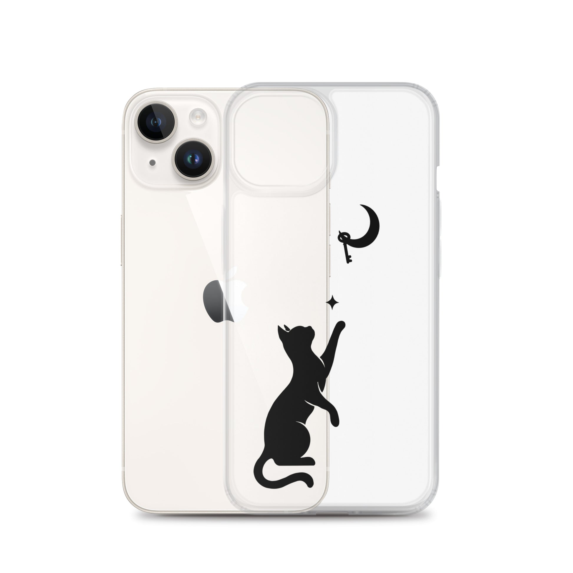 Clear iPhone case featuring a minimalist black cat reaching toward a crescent moon with a small star, shown on a clear iPhone 14 case.