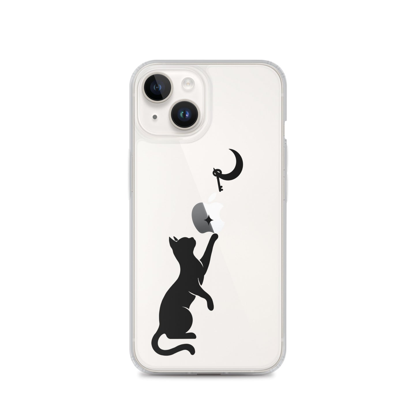 Clear iPhone case featuring a minimalist black cat reaching toward a crescent moon with a small star, shown on a clear iPhone 14 case.