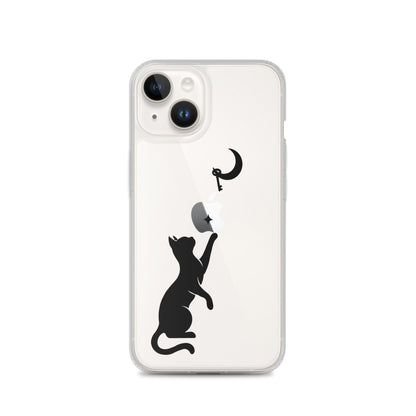Clear iPhone case featuring a minimalist black cat reaching toward a crescent moon with a small star, shown on a clear iPhone 14 case.