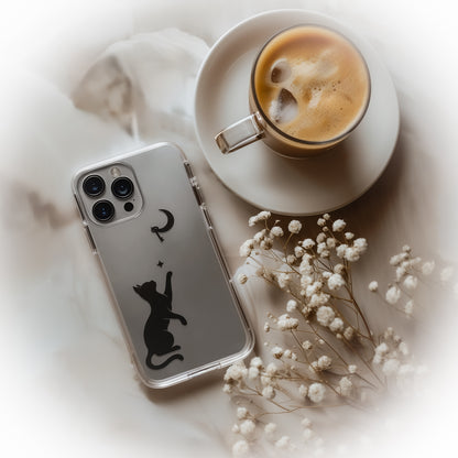  iPhone covered with Always With Me clear iPhone case featuring a black cat and moon illustration next to a cup of coffee and flowers on a light surface