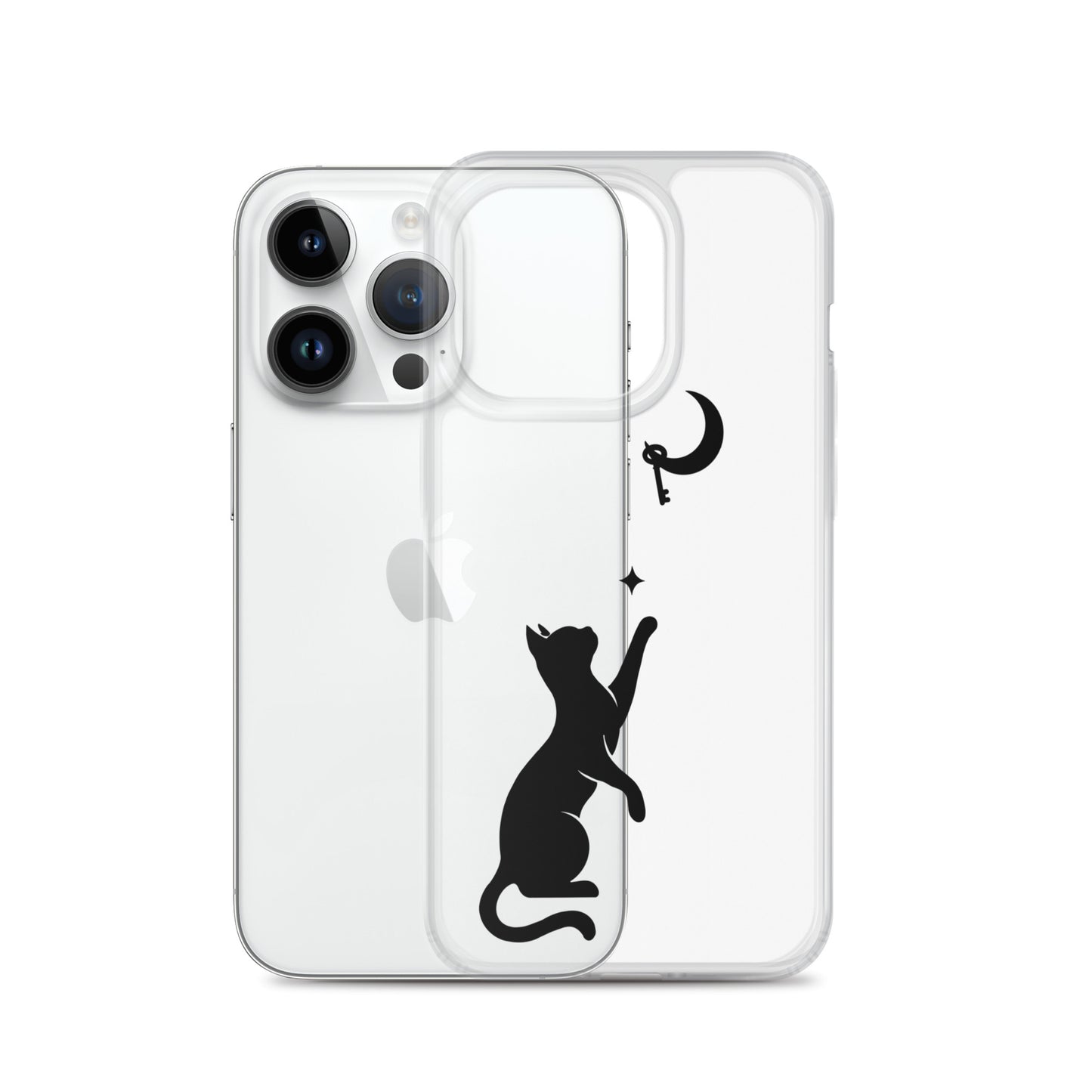 Clear iPhone case featuring a minimalist black cat reaching toward a crescent moon with a small star, shown on a clear iPhone 14 Pro case.