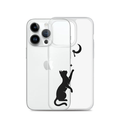 Clear iPhone case featuring a minimalist black cat reaching toward a crescent moon with a small star, shown on a clear iPhone 14 Pro case.