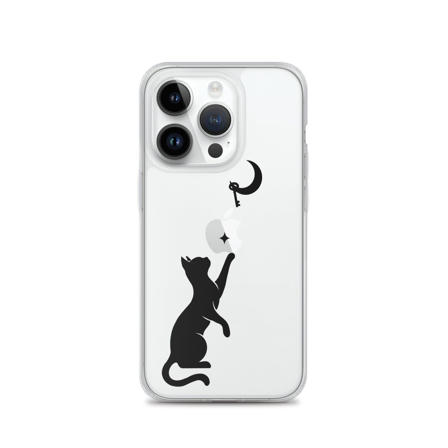 Clear iPhone case featuring a minimalist black cat reaching toward a crescent moon with a small star, shown on a clear iPhone 14 Pro case.