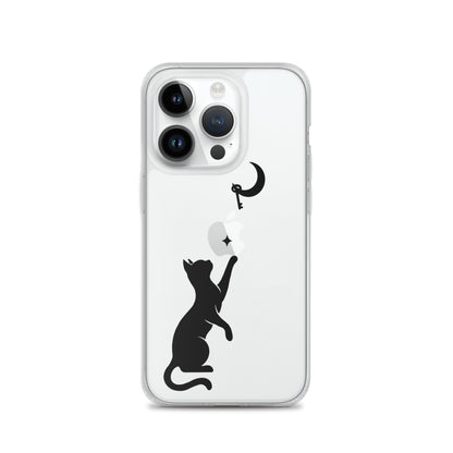 Clear iPhone case featuring a minimalist black cat reaching toward a crescent moon with a small star, shown on a clear iPhone 14 Pro case.
