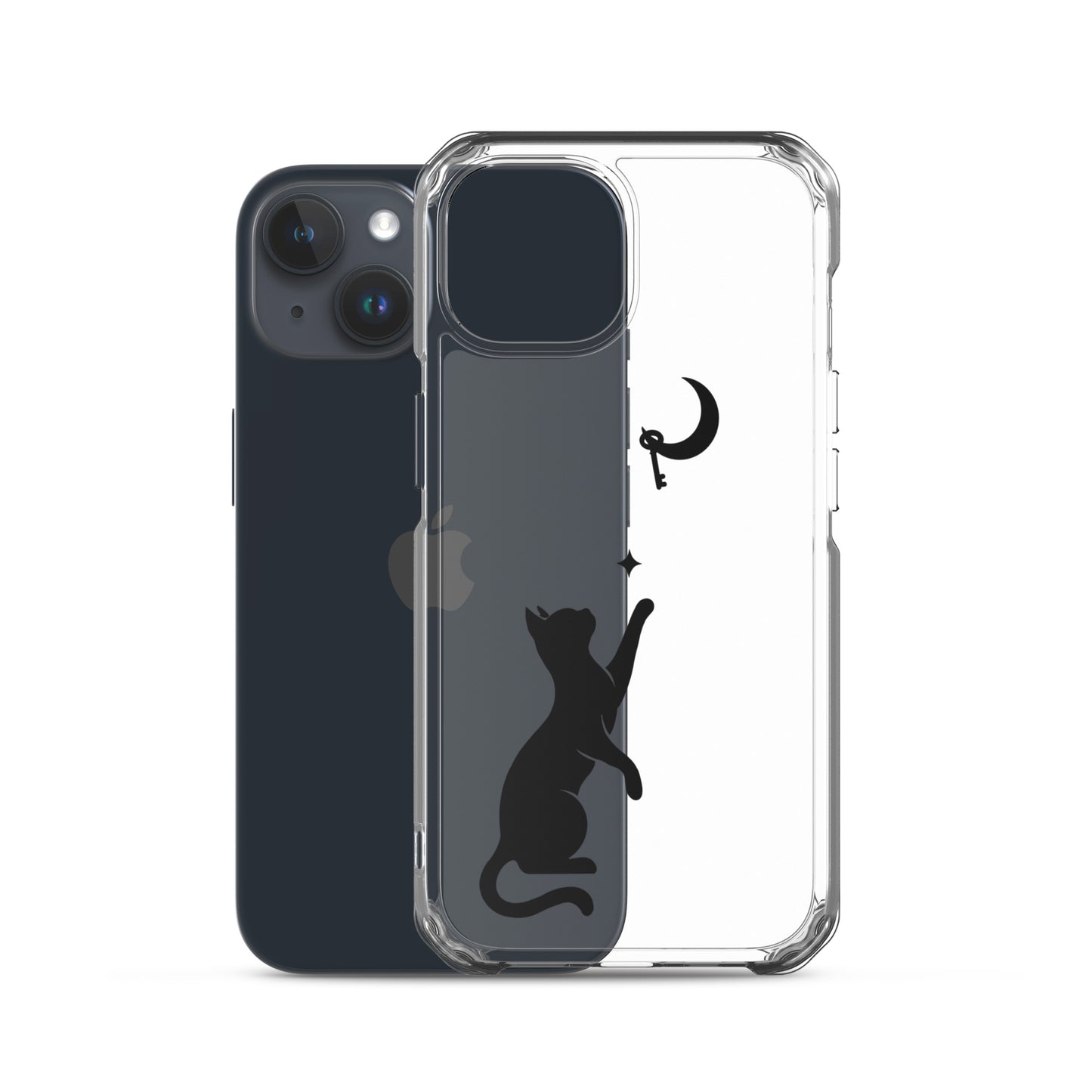 Clear iPhone case featuring a minimalist black cat reaching toward a crescent moon with a small star, shown on a clear iPhone 15 case.