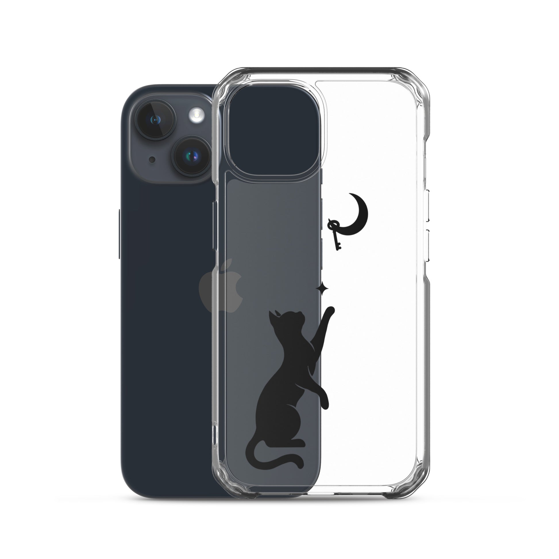 Clear iPhone case featuring a minimalist black cat reaching toward a crescent moon with a small star, shown on a clear iPhone 15 case.