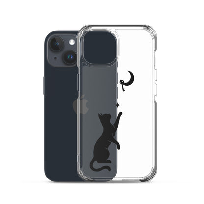 Clear iPhone case featuring a minimalist black cat reaching toward a crescent moon with a small star, shown on a clear iPhone 15 case.