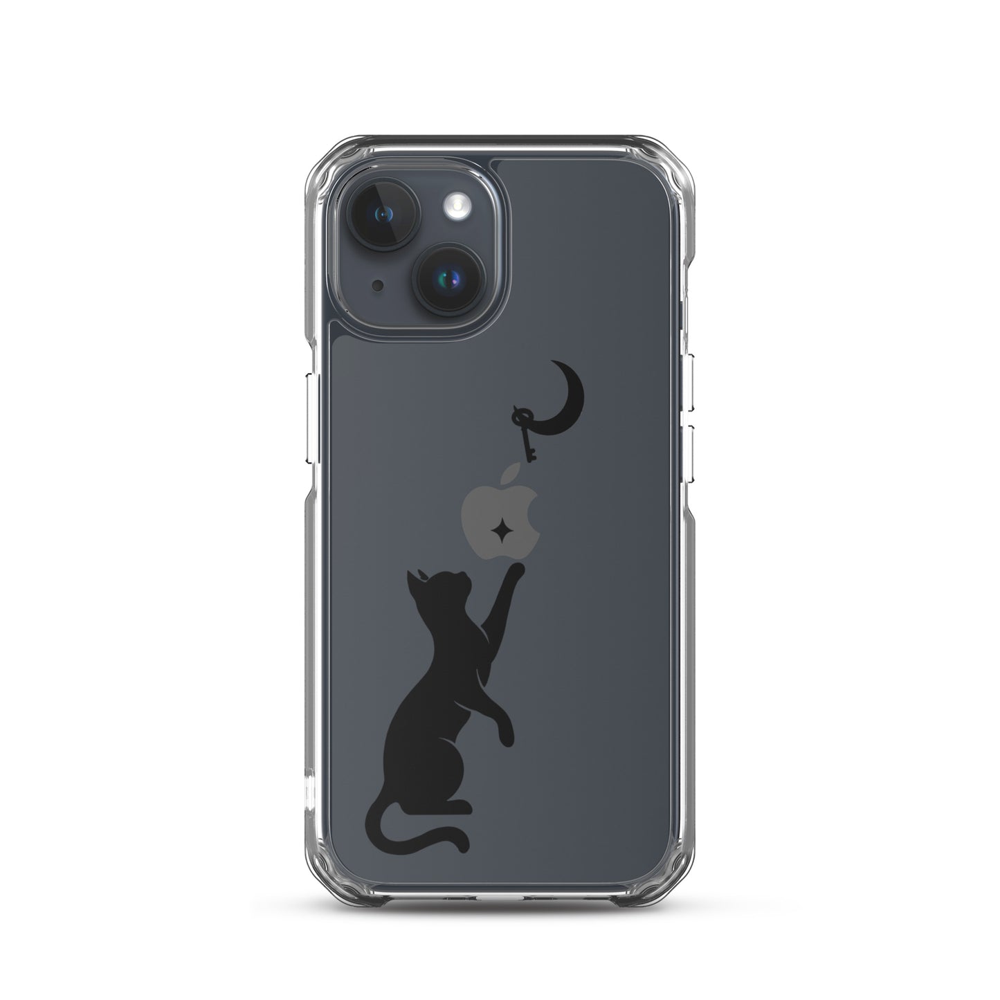 Clear iPhone case featuring a minimalist black cat reaching toward a crescent moon with a small star, shown on a clear iPhone 15 case.