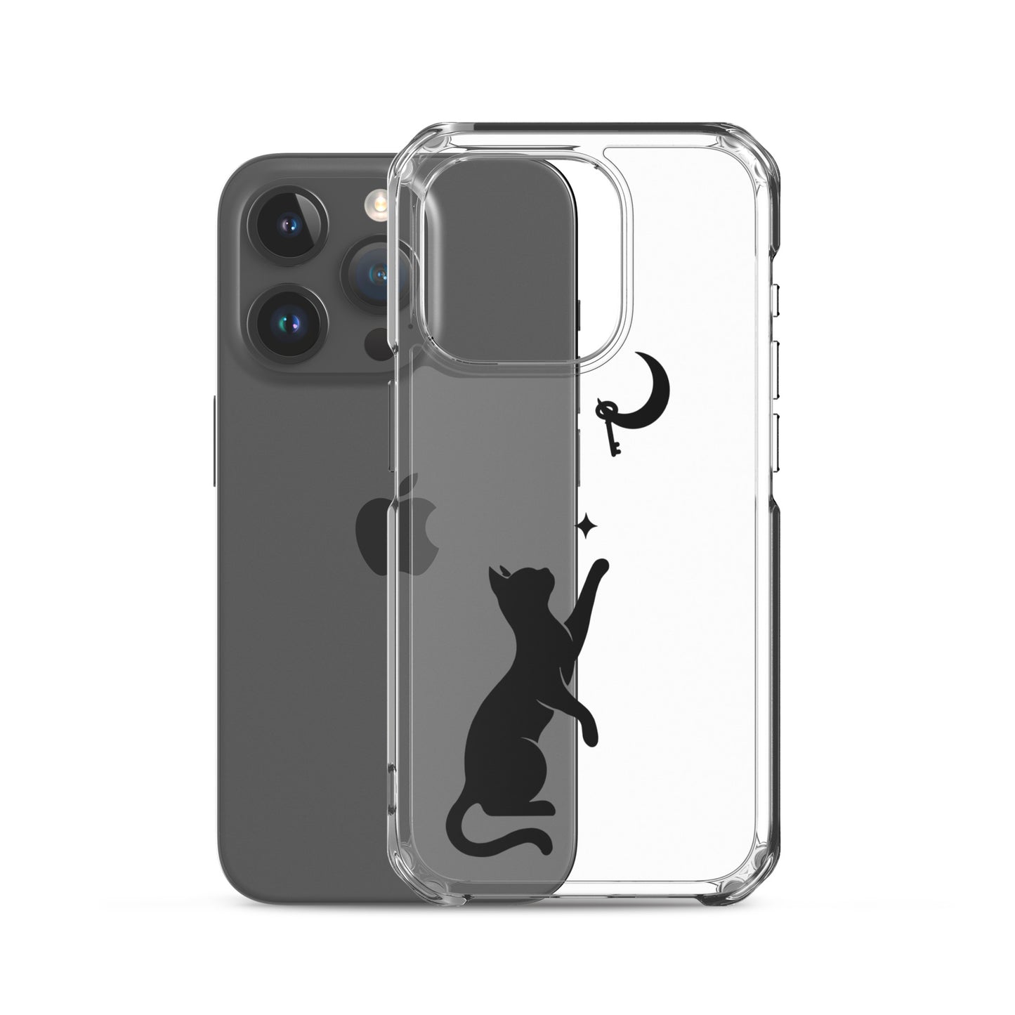 Clear iPhone case featuring a minimalist black cat reaching toward a crescent moon with a small star, shown on a clear iPhone 15 Pro case.