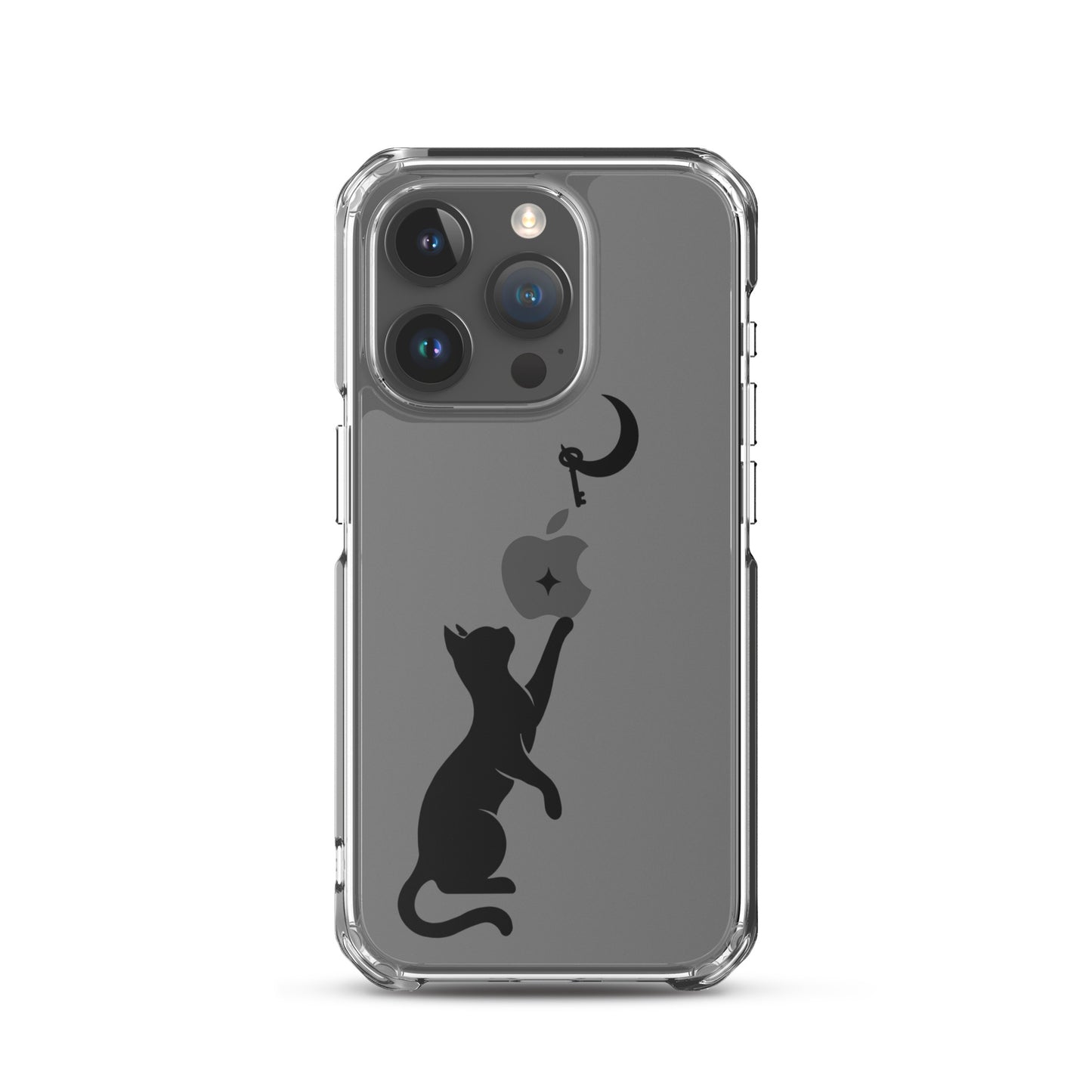 Clear iPhone case featuring a minimalist black cat reaching toward a crescent moon with a small star, shown on a clear iPhone 15 Pro case.
