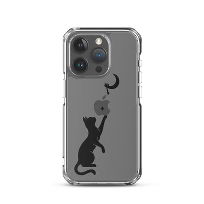 Clear iPhone case featuring a minimalist black cat reaching toward a crescent moon with a small star, shown on a clear iPhone 15 Pro case.