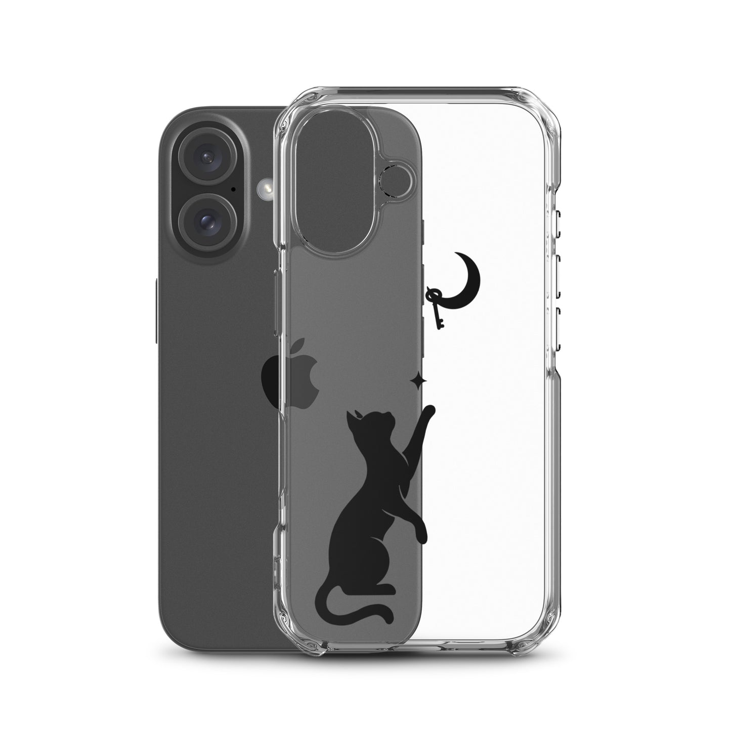 Product mockupClear iPhone case featuring a minimalist black cat reaching toward a crescent moon with a small star, shown on a clear iPhone 16 case.