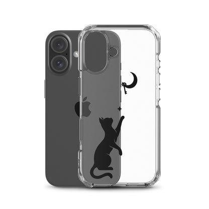 Product mockupClear iPhone case featuring a minimalist black cat reaching toward a crescent moon with a small star, shown on a clear iPhone 16 case.