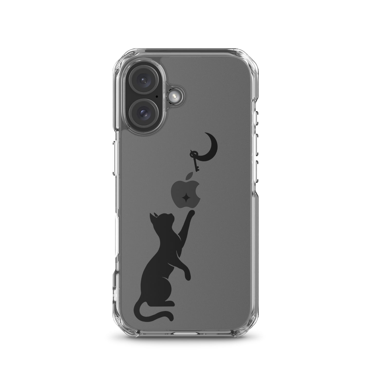 Clear iPhone case featuring a minimalist black cat reaching toward a crescent moon with a small star, shown on a clear iPhone 16 case.