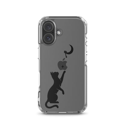 Clear iPhone case featuring a minimalist black cat reaching toward a crescent moon with a small star, shown on a clear iPhone 16 case.