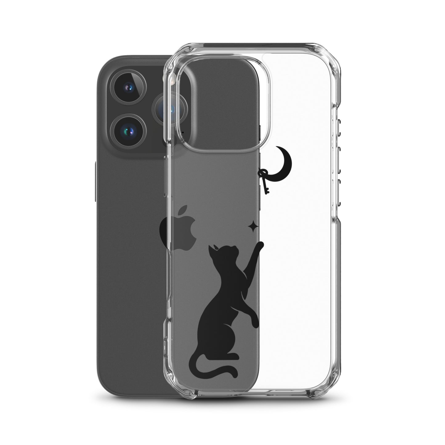 Clear iPhone case featuring a minimalist black cat reaching toward a crescent moon with a small star, shown on a clear iPhone 16 Pro case.