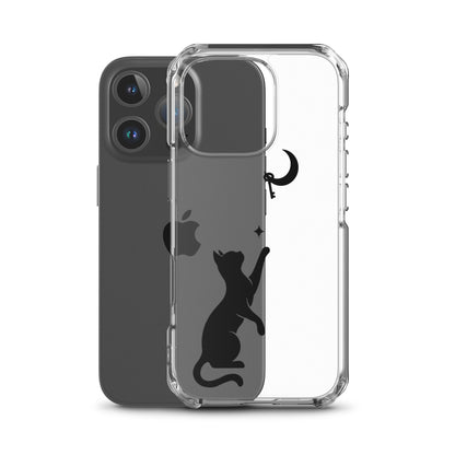 Clear iPhone case featuring a minimalist black cat reaching toward a crescent moon with a small star, shown on a clear iPhone 16 Pro case.