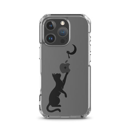 Clear iPhone case featuring a minimalist black cat reaching toward a crescent moon with a small star, shown on a clear iPhone 16 Pro case.