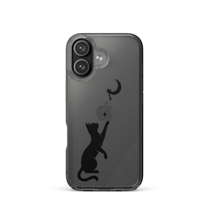 Clear iPhone case featuring a minimalist black cat reaching toward a crescent moon with a small star, shown on a clear iPhone 17 case.