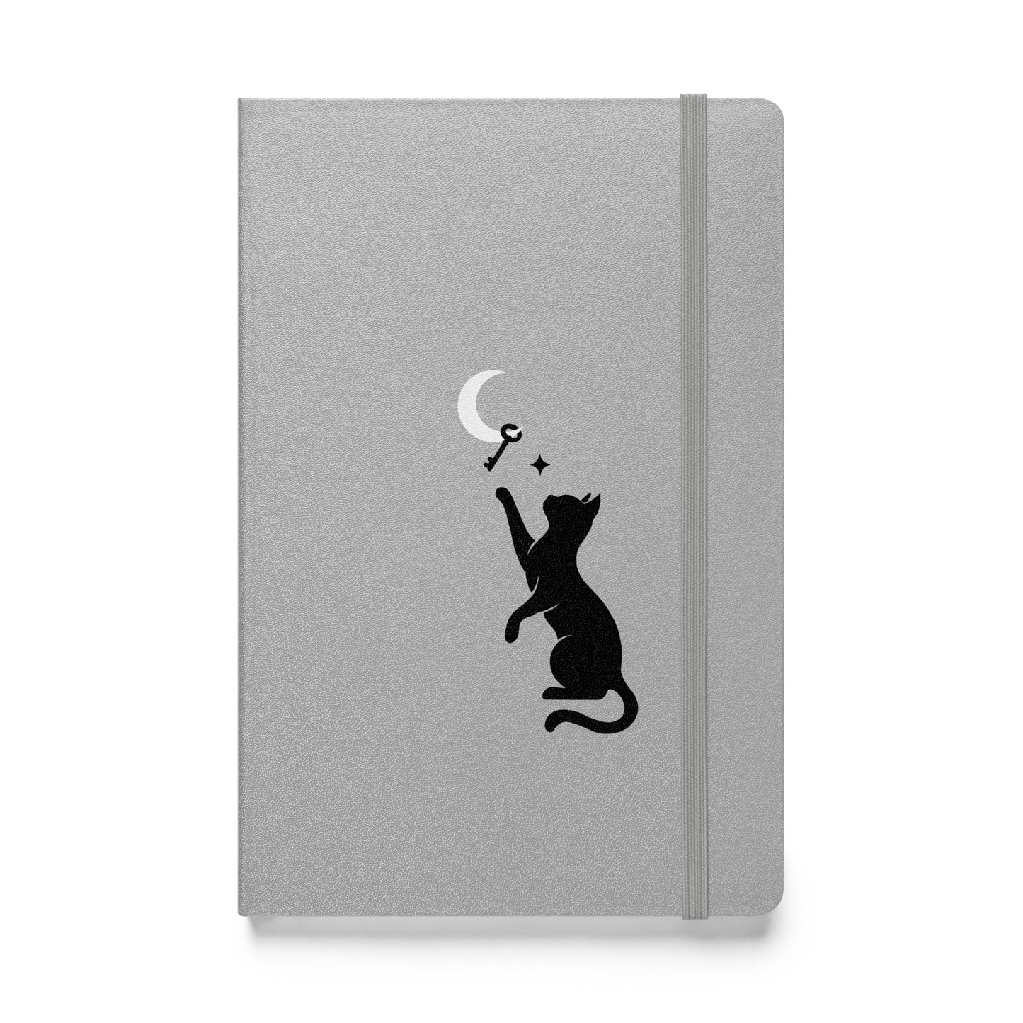 Hardcover silver notebook featuring a black cat reaching toward a crescent moon, with an elastic closure on the side.